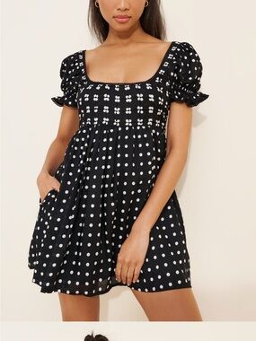 Free People Black & White Polka Dot Puff Sleeve Mini Dress